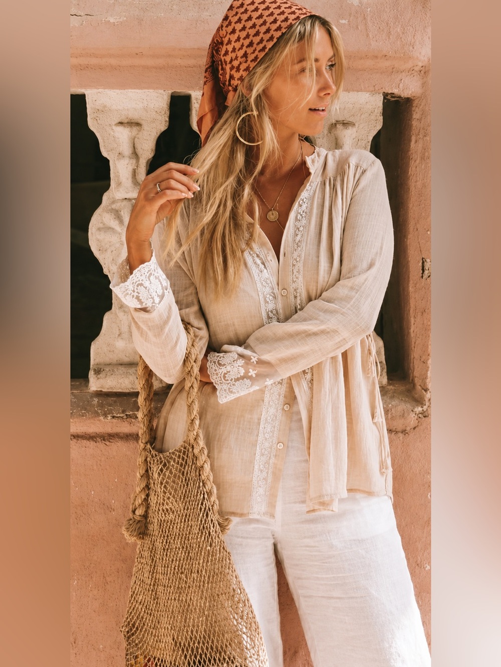 Spell & The Gypsy Paloma Blouse S 100% Cotton Lace Trim Side Tie Boho Top